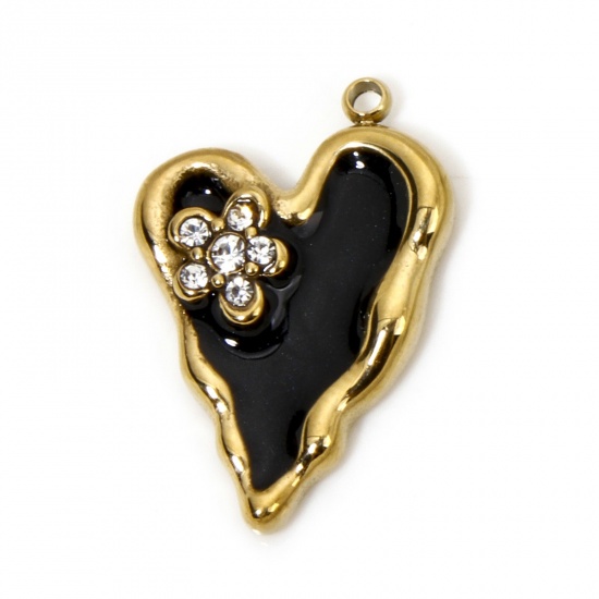 Picture of 1 Piece Vacuum Plating 304 Stainless Steel Valentine's Day Charms Gold Plated Black Heart Flower Enamel Clear Rhinestone 23mm x 15.5mm