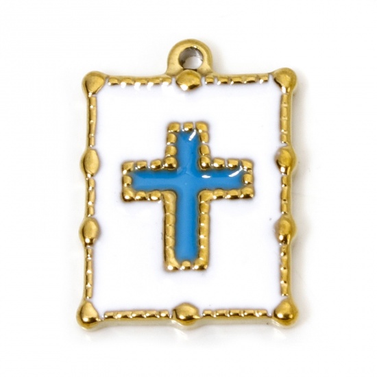 Picture of 1 Piece Vacuum Plating 304 Stainless Steel Religious Charms Gold Plated White & Blue Square Cross Enamel 20.5mm x 15mm
