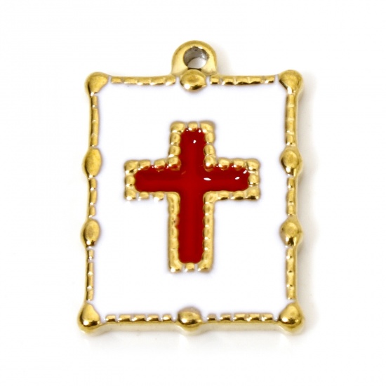 Picture of 1 Piece Vacuum Plating 304 Stainless Steel Religious Charms Gold Plated White & Red Square Cross Enamel 20.5mm x 15mm
