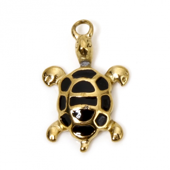 Picture of 1 Piece Vacuum Plating 304 Stainless Steel Ocean Jewelry Charms Gold Plated Black Sea Turtle Animal Enamel 21mm x 13.5mm