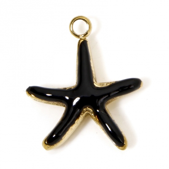 Image de 2 Pcs Breloques en 304 Acier Inoxydable Placage sous Vide Bijoux d'Océan Etoile de Mer Doré Noir Émail 14.5mm x 12.5mm