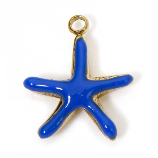Image de 2 Pcs Breloques en 304 Acier Inoxydable Placage sous Vide Bijoux d'Océan Etoile de Mer Doré Bleu Foncé Émail 14.5mm x 12.5mm