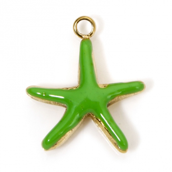Image de 2 Pcs Breloques en 304 Acier Inoxydable Placage sous Vide Bijoux d'Océan Etoile de Mer Doré Vert Émail 14.5mm x 12.5mm