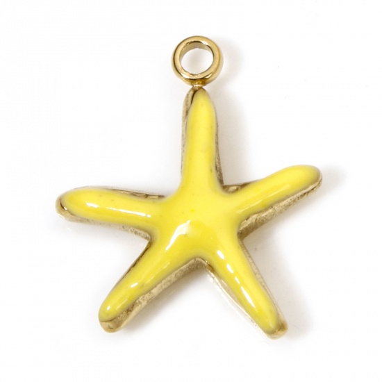 Image de 2 Pcs Breloques en 304 Acier Inoxydable Placage sous Vide Bijoux d'Océan Etoile de Mer Doré Jaune Émail 14.5mm x 12.5mm