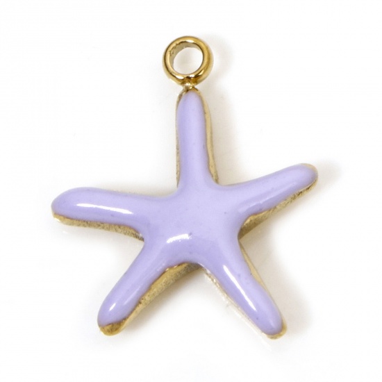 Image de 2 Pcs Breloques en 304 Acier Inoxydable Placage sous Vide Bijoux d'Océan Etoile de Mer Doré Mauve Émail 14.5mm x 12.5mm