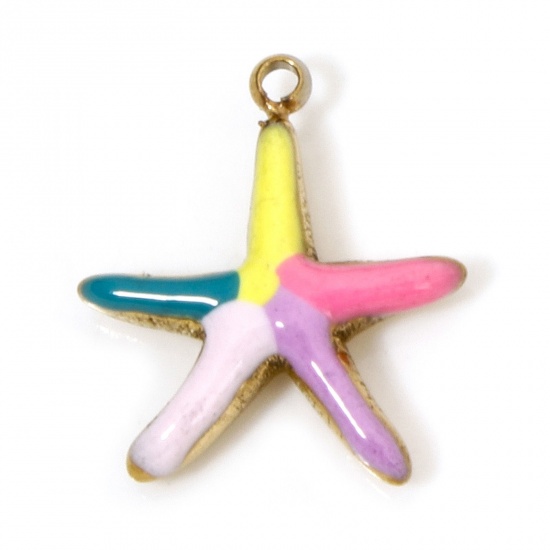 Image de 2 Pcs Breloques en 304 Acier Inoxydable Placage sous Vide Bijoux d'Océan Etoile de Mer Doré Multicolore Émail 13.5mm x 12mm