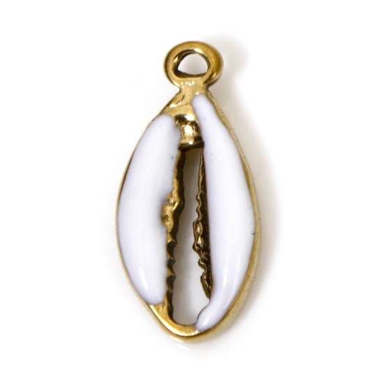 Image de 2 Pcs Breloques en 304 Acier Inoxydable Placage sous Vide Bijoux d'Océan Coquille Doré Blanc Émail 17mm x 8mm