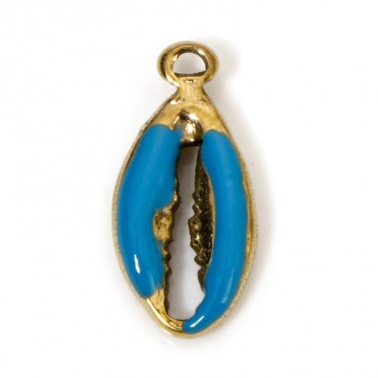 Image de 2 Pcs Breloques en 304 Acier Inoxydable Placage sous Vide Bijoux d'Océan Coquille Doré Bleu Aqua Émail 17mm x 8mm