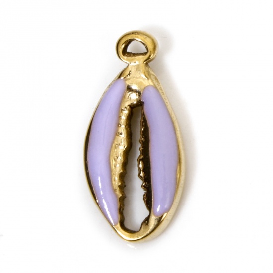 Image de 2 Pcs Breloques en 304 Acier Inoxydable Placage sous Vide Bijoux d'Océan Coquille Doré Mauve Émail 17mm x 8mm