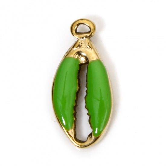 Image de 2 Pcs Breloques en 304 Acier Inoxydable Placage sous Vide Bijoux d'Océan Coquille Doré Vert Émail 17mm x 8mm