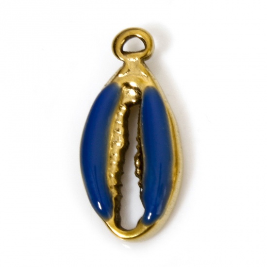 Image de 2 Pcs Breloques en 304 Acier Inoxydable Placage sous Vide Bijoux d'Océan Coquille Doré Bleu Foncé Émail 17mm x 8mm