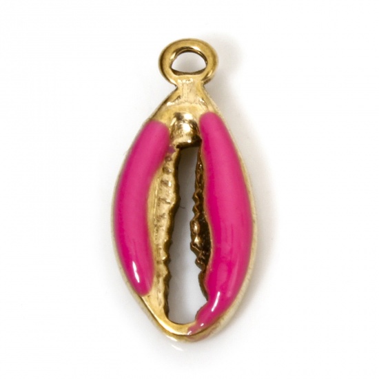 Image de 2 Pcs Breloques en 304 Acier Inoxydable Placage sous Vide Bijoux d'Océan Coquille Doré Rose Foncé Émail 17mm x 8mm