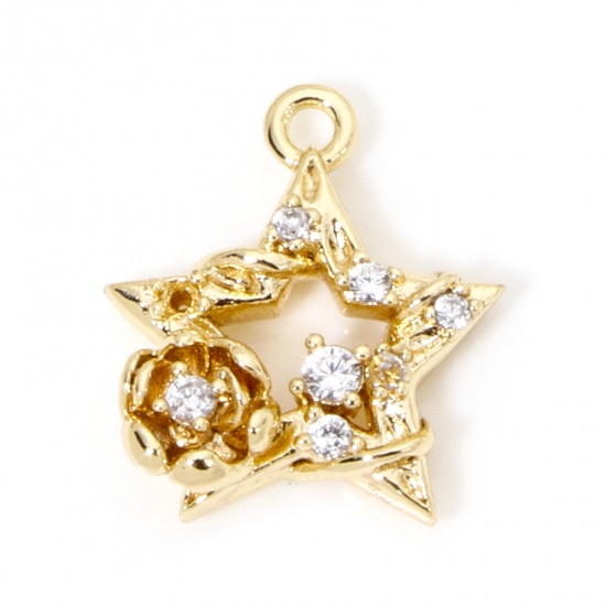 Immagine di 1 Pz Ecologico Ottone Galassia Ciondoli Stella a Cinque Punte 18K Vero Oro Placcato Rosa Micro Spianare Trasparente Cubic Zirconiae 14mm x 12mm