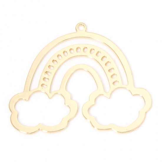 Immagine di 2 Pz Ecologico Ottone Tempo Collezione Ciondoli Pendenti Arcobaleno 18K Vero Oro Placcato Nuvole Filigrana 3cm x 2.5cm