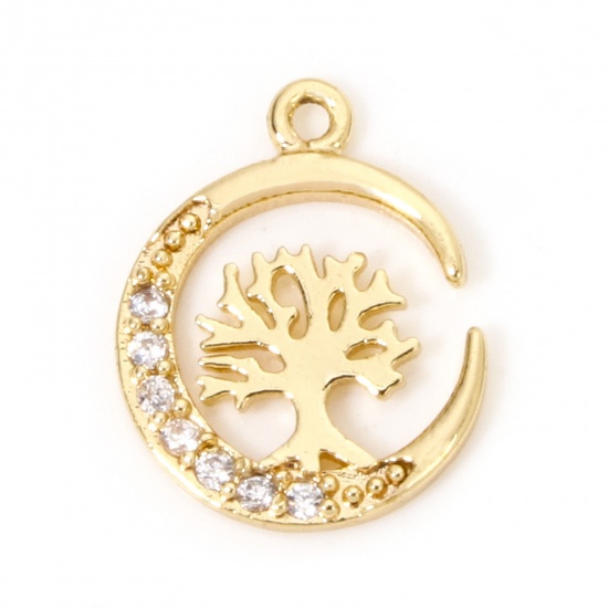 Picture of 1 Piece Eco-friendly Brass Galaxy Charms 18K Real Gold Plated Half Moon Tree Micro Pave Clear Cubic Zirconia 12mm x 10mm