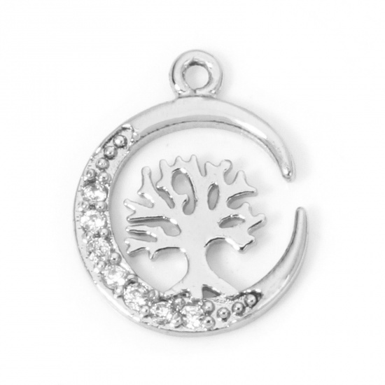 Picture of 1 Piece Eco-friendly Brass Galaxy Charms Real Platinum Plated Half Moon Tree Micro Pave Clear Cubic Zirconia 12mm x 10mm