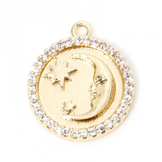 Picture of 1 Piece Eco-friendly Brass Galaxy Charms 18K Real Gold Plated Round Moon Micro Pave Clear Cubic Zirconia 16mm x 13mm