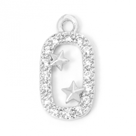 Picture of 1 Piece Eco-friendly Brass Galaxy Charms Real Platinum Plated Oval Star Micro Pave Clear Cubic Zirconia 15mm x 8mm