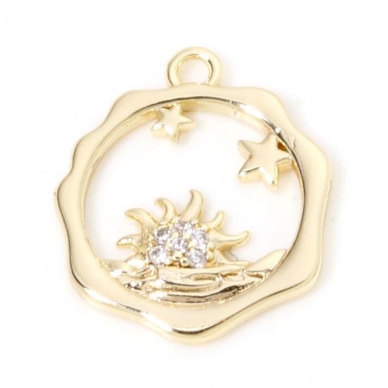 Picture of 1 Piece Eco-friendly Brass Galaxy Charms 18K Real Gold Plated Sun Star Hollow Clear Cubic Zirconia 16mm x 14mm