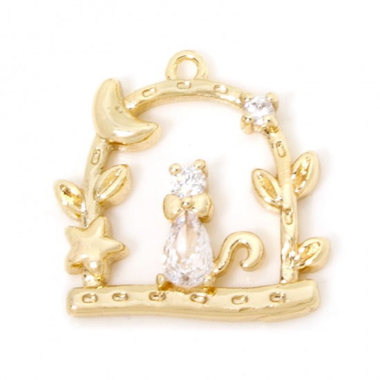 Picture of 1 Piece Eco-friendly Brass Charms 18K Real Gold Plated Window Cat Hollow Clear Cubic Zirconia 17mm x 17mm