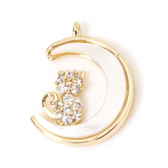 Picture of 1 Piece Eco-friendly Natural Shell & Brass Charms 18K Real Gold Plated Half Moon Cat Micro Pave Clear Cubic Zirconia 14mm x 11mm