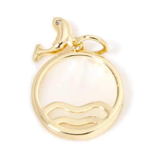 Picture of 1 Piece Eco-friendly Natural Shell & Brass Charms 18K Real Gold Plated Wave Dolphin 18mm x 13mm