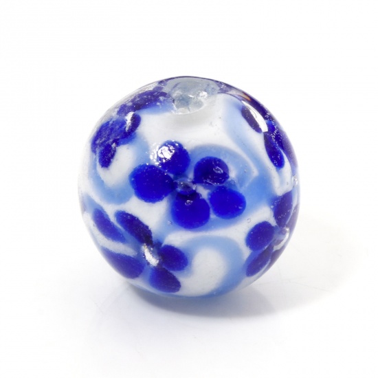 Immagine di 1 Pz Lampwork Vetro Perline per la Creazione di Gioielli con Fai-da-te Tondo Blu Fiore Disegno Circa 20mm Dia, Foro: Circa 1.6mm