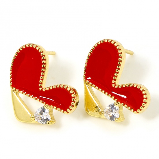 2 PCs Hypoallergenic Brass Cute Earring Accessories 18K Gold Plated Red Heart Enamel Clear Rhinestone 14.5mm x 12mm, Post/ Wire Size: (20 gauge) の画像