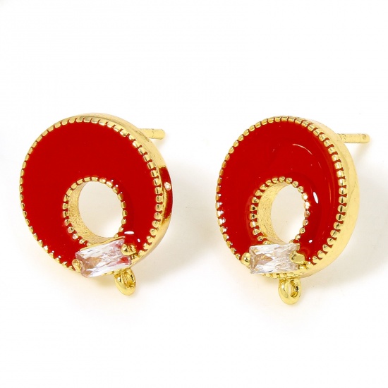 Picture of 2 PCs Hypoallergenic Brass Cute Earring Accessories 18K Gold Plated Red Circle Ring Rectangle Enamel Clear Rhinestone 13.5mm x 11.5mm, Post/ Wire Size: (20 gauge)