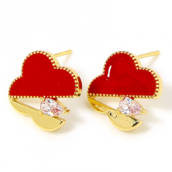 Picture of 2 PCs Hypoallergenic Brass Cute Earring Accessories 18K Gold Plated Red Flower Drop Enamel Clear Rhinestone 15mm x 14.5mm, Post/ Wire Size: (20 gauge)