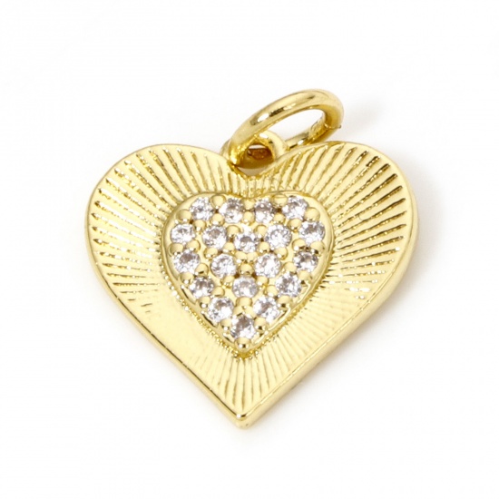 Bild von 1 Stück Umweltfreundlich Messing Valentinstag Charms 18K Echtgold plattiert Herz Textur Micro Pave Klar Zirkonia 16mm x 13mm