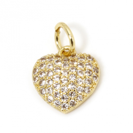 Immagine di 1 Pz Ecologico Ottone San Valentino Ciondoli Cuore 18K Vero Oro Placcato Micro Spianare Trasparente Cubic Zirconiae 14mm x 10mm