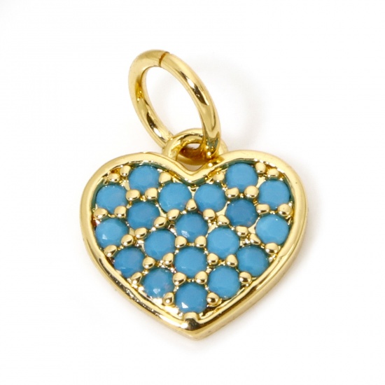 Immagine di 1 Pz Ecologico Ottone San Valentino Ciondoli Cuore 18K Vero Oro Placcato Blu Cubic Zirconiae 12mm x 9mm