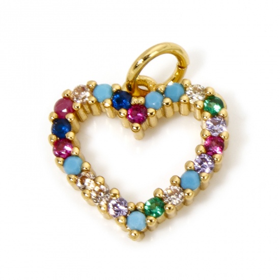 Immagine di 1 Pz Ecologico Ottone San Valentino Ciondoli Cuore 18K Vero Oro Placcato Micro Spianare Multicolore Cubic Zirconiae 16mm x 13mm