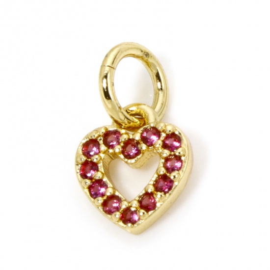 Immagine di 1 Pz Ecologico Ottone San Valentino Ciondoli Cuore 18K Vero Oro Placcato Micro Spianare Rosso Prugna Cubic Zirconiae 11mm x 6.5mm