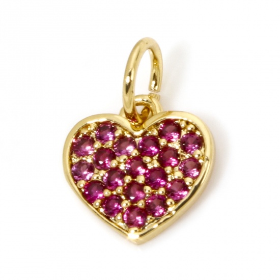 Immagine di 1 Pz Ecologico Ottone San Valentino Ciondoli Cuore 18K Vero Oro Placcato Micro Spianare Rosso Prugna Cubic Zirconiae 12mm x 9mm