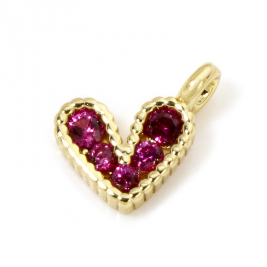 Bild von 1 Stück Umweltfreundlich Messing Valentinstag Charms 18K Echtgold plattiert Herz Micro Pave Fuchsie Zirkonia 9mm x 8mm