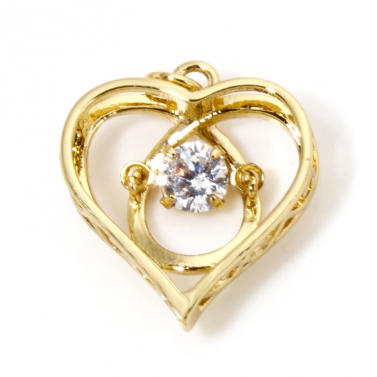 Immagine di 1 Pz Ecologico Ottone San Valentino Ciondoli Cuore 18K Vero Oro Placcato Trasparente Cubic Zirconiae 18mm x 14mm