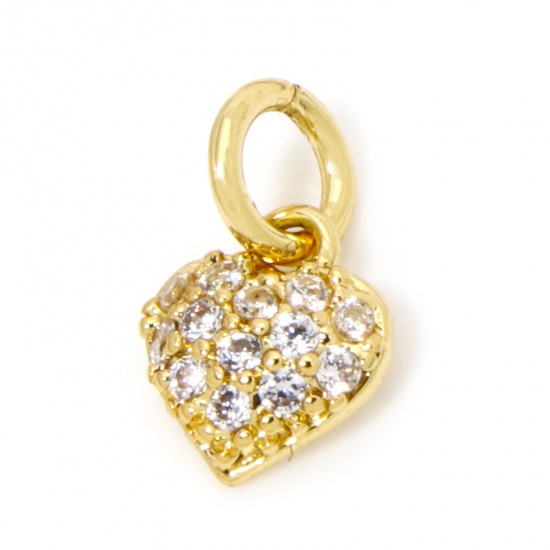 Immagine di 1 Pz Ecologico Ottone San Valentino Ciondoli Cuore 18K Vero Oro Placcato Micro Spianare Trasparente Cubic Zirconiae 9mm x 5.5mm