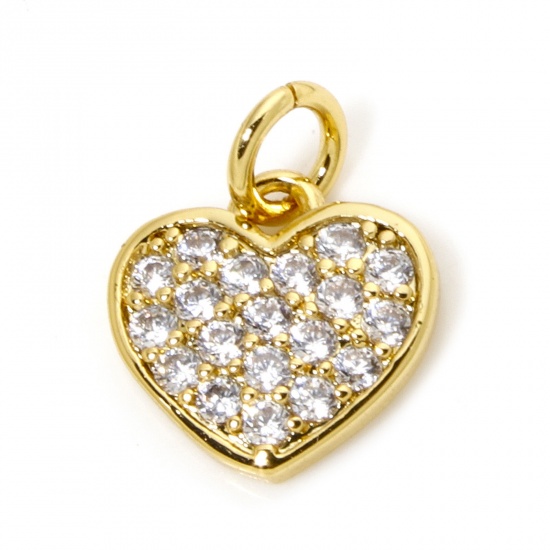 Immagine di 1 Pz Ecologico Ottone San Valentino Ciondoli Cuore 18K Vero Oro Placcato Micro Spianare Trasparente Cubic Zirconiae 11mm x 9mm