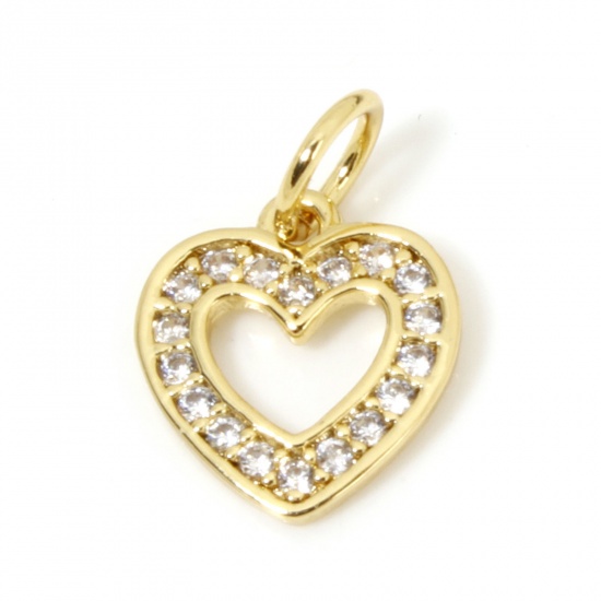 Immagine di 1 Pz Ecologico Ottone San Valentino Ciondoli Cuore 18K Vero Oro Placcato Micro Spianare Trasparente Cubic Zirconiae 14mm x 9.5mm