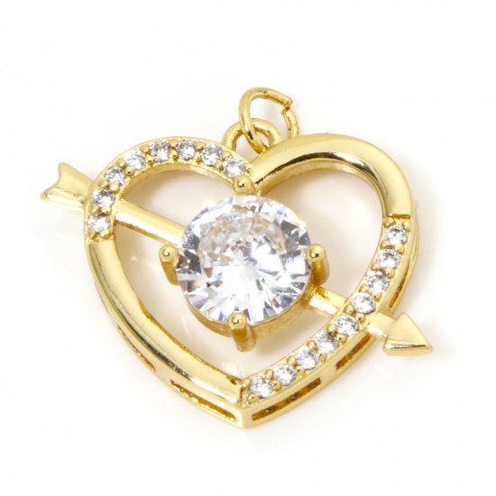 Bild von 1 Stück Umweltfreundlich Messing Valentinstag Charms 18K Echtgold plattiert Herz Pfeil Micro Pave Klar Zirkonia 21mm x 19mm