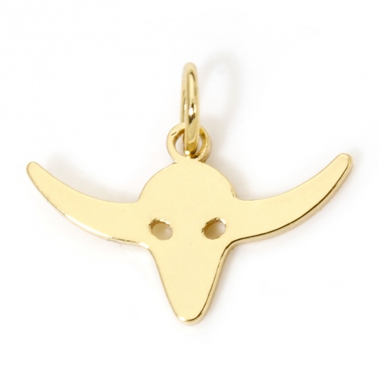 Picture of 5 PCs Eco-friendly Brass Charms 18K Real Gold Plated Bull Head/ Cow Head Smooth Blank 18mm x 15mm