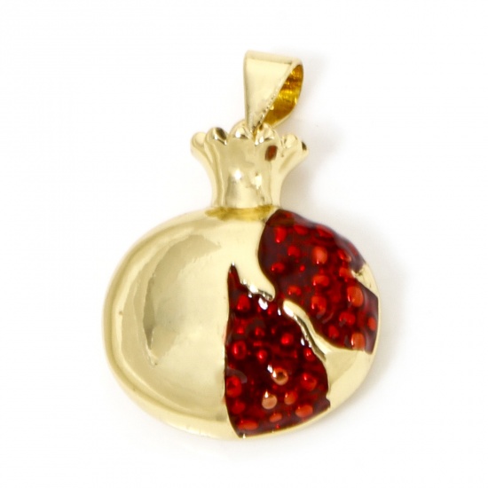 Immagine di 1 Pz Ecologico Ottone Ciondoli Pendenti Melagrana 18K Vero Oro Placcato Rosso Smalto 26mm x 18mm