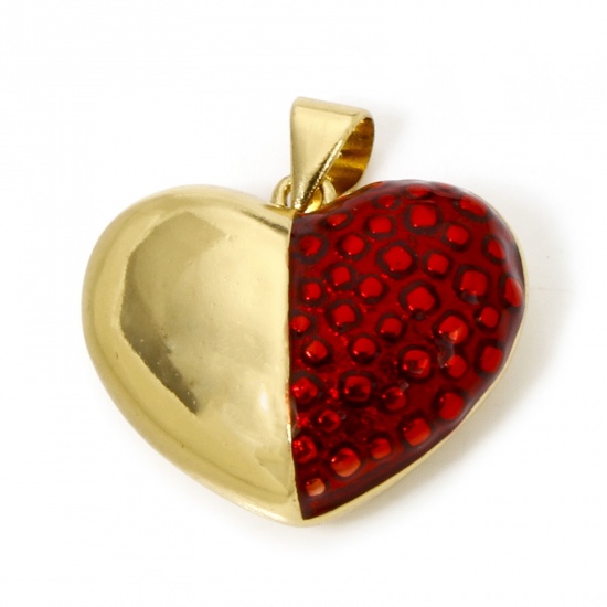 Immagine di 1 Pz Ecologico Ottone Ciondoli Pendenti Cuore 18K Vero Oro Placcato Rosso Smalto 22mm x 20mm