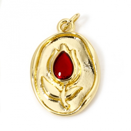 Immagine di 1 Pz Ecologico Ottone Ciondoli Ovale 18K Vero Oro Placcato Rosso Fiore del Tulipano Smalto 25mm x 14.5mm