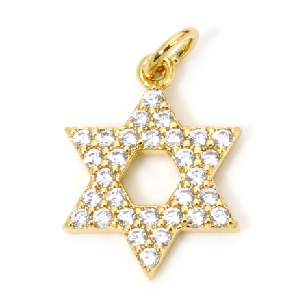 Picture of Eco-friendly Brass Religious Charms Real Gold Plated Star Of David Hexagram Micro Pave Clear Cubic Zirconia 20mm x 13mm
