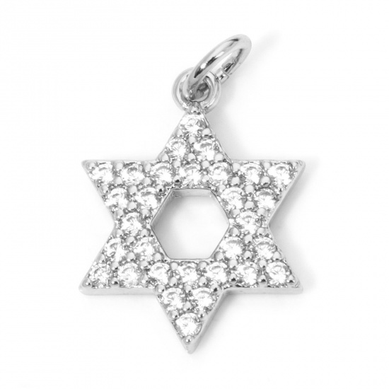 Immagine di 1 Pz Ecologico Ottone Religione Ciondoli Stella a Sei Punte Vero Platino Placcato Micro Spianare Trasparente Cubic Zirconiae 20mm x 13mm