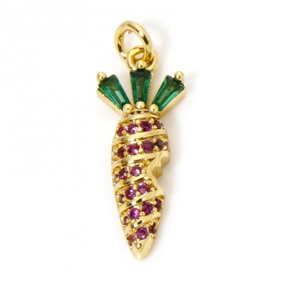 Picture of 1 Piece Eco-friendly Brass Charms 18K Real Gold Plated Carrot Micro Pave Fuchsia Cubic Zirconia 21mm x 7mm