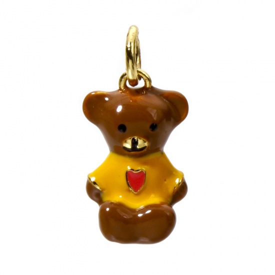 Picture of 1 Piece Eco-friendly Brass Charms 18K Real Gold Plated Multicolor Bear Animal Enamel 18mm x 9mm